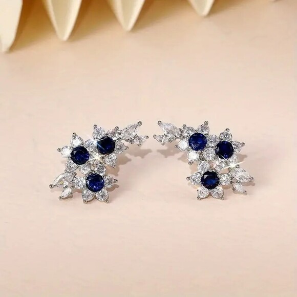 925 Silver Plated Inlaid Blue Sapphire Flower Stud Earrings - Picture 1 of 6
